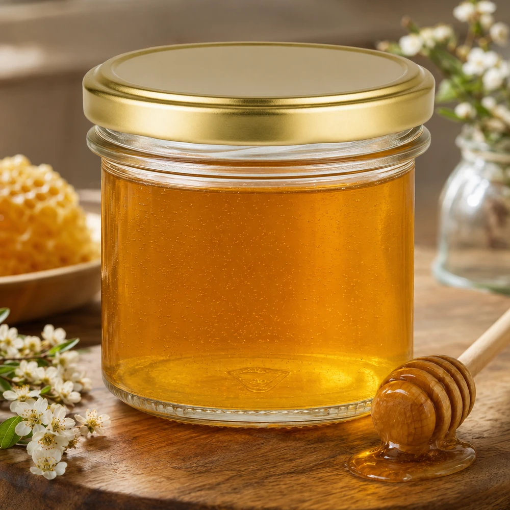 125 ml Briller med BasicSeal-låg guld UNiTWIST 125ml Sturzglas mit BasicSeal Deckel gold gefüllt mit Honig neben Honiglöffel und Blütenzweigen