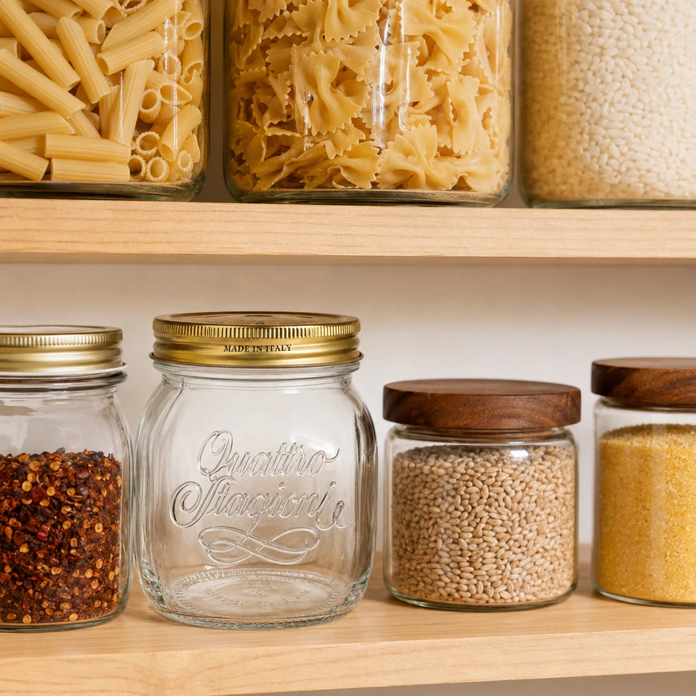 700 ml rundt glas "Quattro Stagioni" med låg Quattro Stagioni syltetøjsglas 700 ml i organiseret spisekammer med pasta og krydderier Italiensk køkkenudstyr