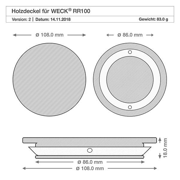 Trælåg version "A" til WECK RR100. Ideelt til WECK-krukker og -flasker med rund kant 100 mm (RR100). Varme- og kuldebestandigt, tåler opvaskemaskine. Technische Zeichnung WECK RR100 Holzdeckel mit Maßangaben 108mm Durchmesser und 18mm Höhe für perfekte Passform