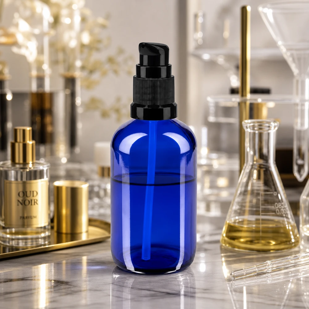 Koboltblå 100 ml pumpeflaske af apotekerglas med sort dispenser i laboratoriemiljøet