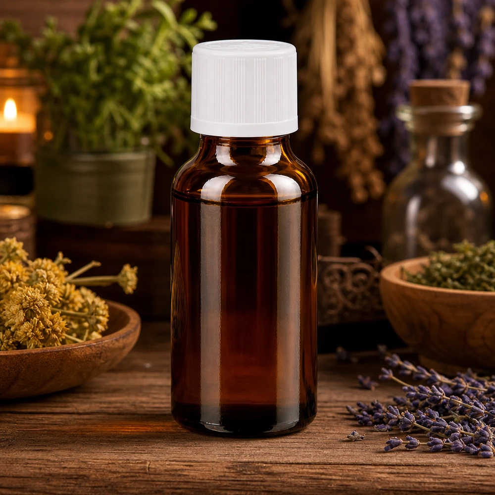 Apoteksflaske brun 20 ml skruelåg hvid KiSi St Brun glasflaske på 20 ml med hvid skruelåg, omgivet af lægeurter og tørrede blomster