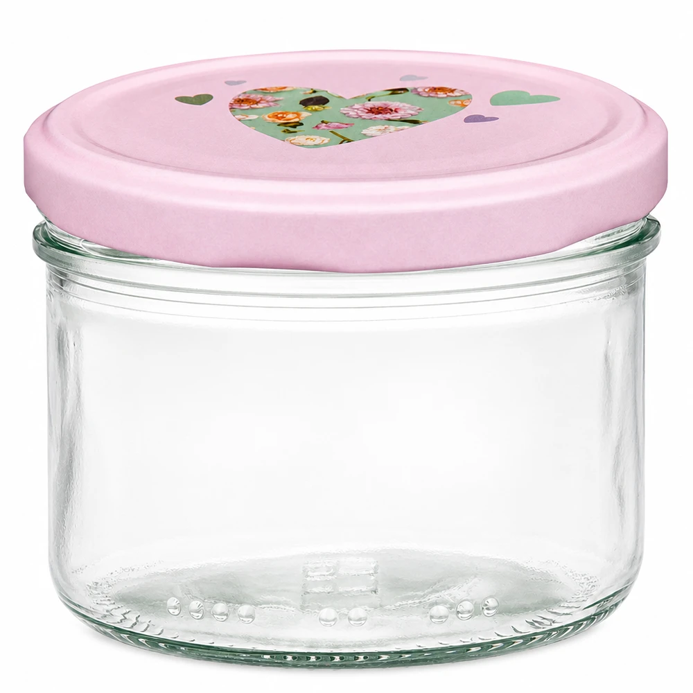 230 ml cylinderformet krukke + BasicSeal-låg, hjerterosa 230 ml cylinderglas med pink BasicSeal-låg og hjertemotiv, konserveringsglas til opbevaring af madvarer