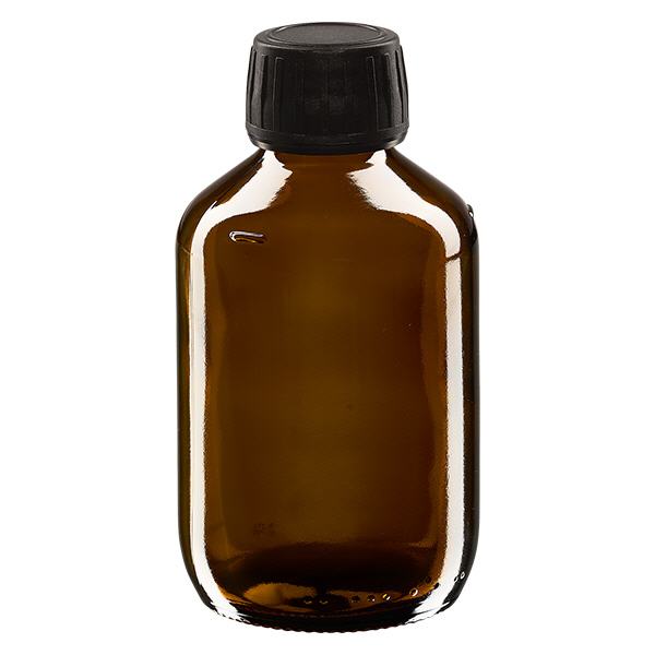 200 ml medicinflaske ravfarvet, sort hætte med manipulationssikker ring ApoGlas. Farmaceutisk kvalitet fra EU-produktion. 28 mm (PP28) gevind. (sirup, let glasflaske) 200 ml medicinflaske ravfarvet, sort hætte med manipulationssikker ring ApoGlas. Farmaceutisk kvalitet fra EU-produktion. 28 mm (PP28) gevind. (sirup, let glasflaske)