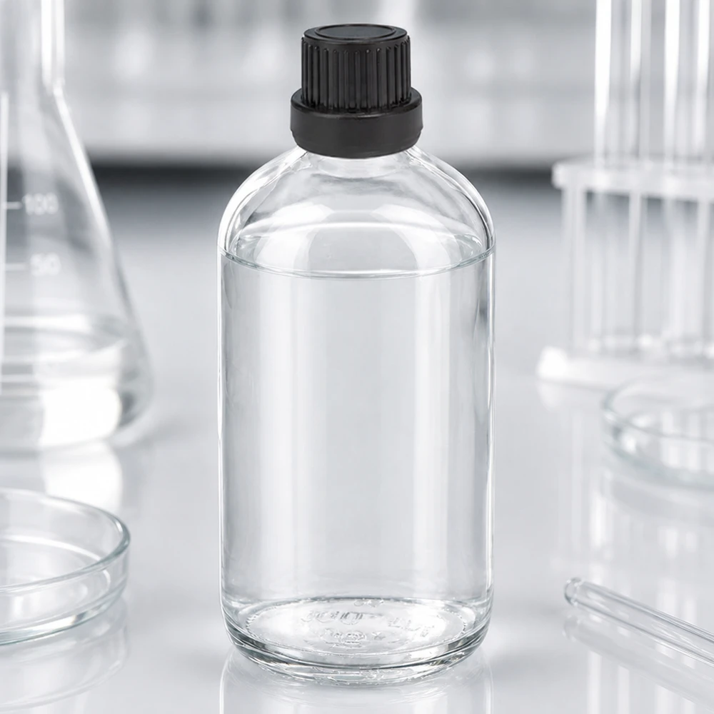 100 ml dråbeflaske 2 mm sort OV ClearLine UT18/100 Cylindrisk 100 ml laboratorieflaske med 2 mm dråbeåbning og sort OV-prop ClearLine