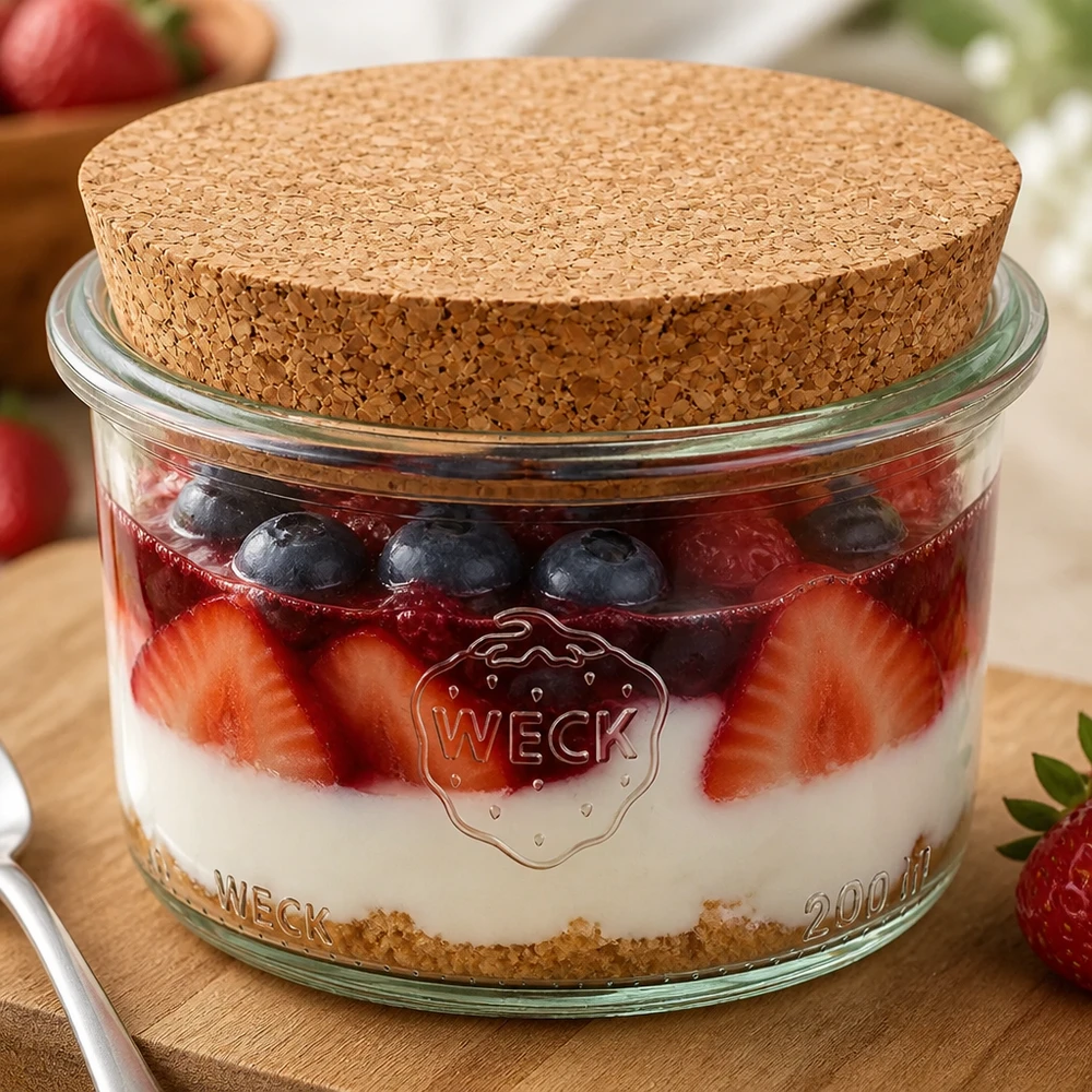 200 ml Briller WECK RR80 med kork natur WECK-glas 200 ml RR80 fyldt med bærdessert og korklåg viser alsidig brug som dessertglas