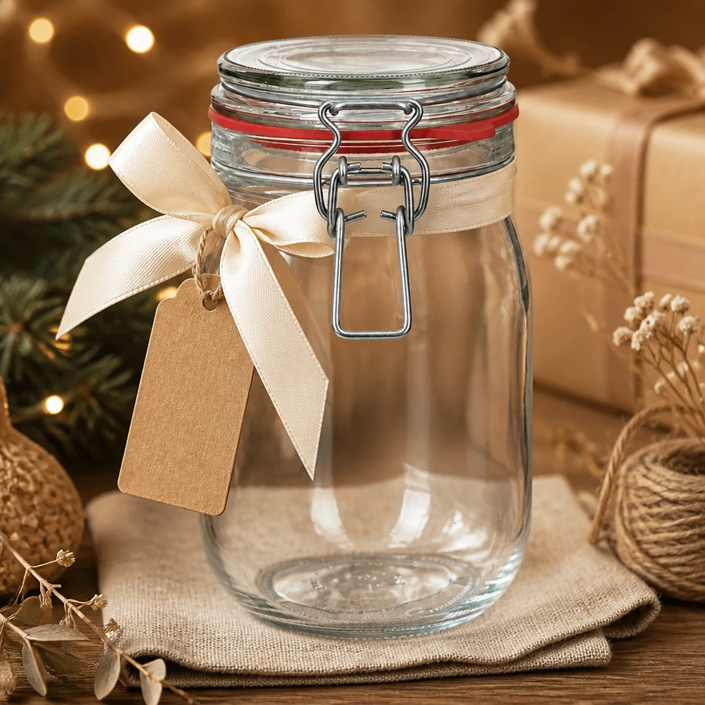 1140 ml opbevaringsglas, type G, med bøjlelåg UN.. Tom 1140 ml opbevaringskrukke med svingtop som en dekorativ gaveidé