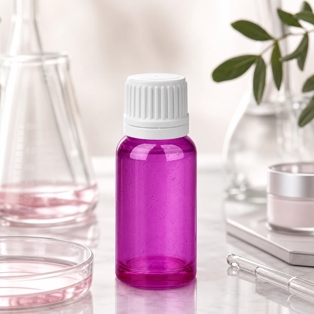 20 ml flaske 11 mm skruelåg hvid Originality skruelåg PurpleLine UT18/20 Kompakt 20 ml laboratorieflaske i transparent violet med riflet skruelåg til laboratoriebrug