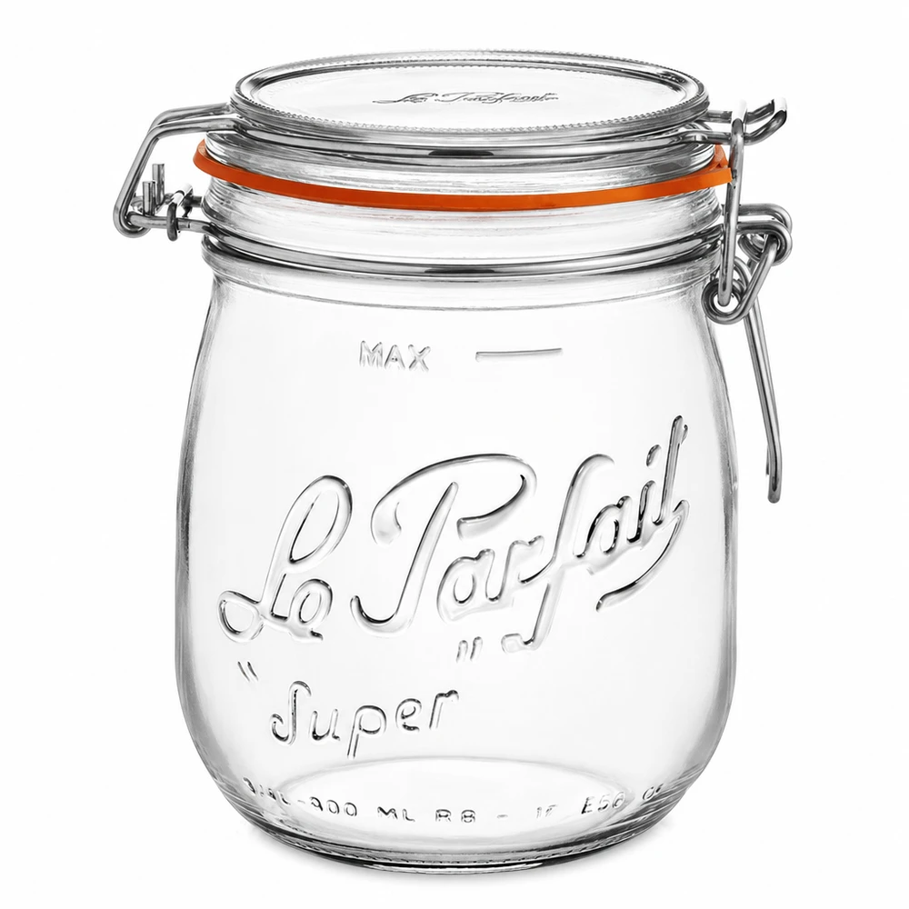 Le Parfait® glas 750 ml Ø85 mm opbevaring 750 ml Le Parfait Super opbevaringskrukke med svingtop og gummipakning af klart glas til køkkenet