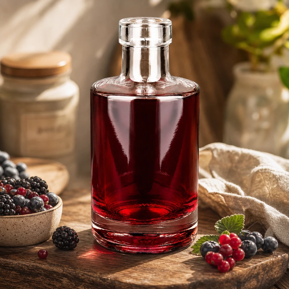 200 ml glasflaske »Marie« uden lukning UNiTWIST® 200 ml glasflaske Marie fyldt med bærlikør rustik køkkendekoration med friske bær Eksempel på brug