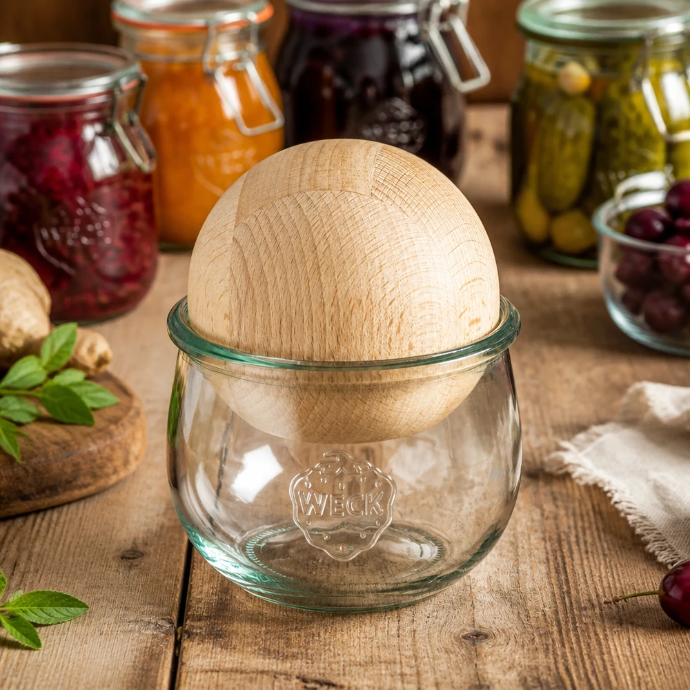 580 ml tulipankrukke WECK RR100 med trækugle bøg Tulipankrukke WECK RR100 med kugle af bøgetræ i køkkenmiljø ved siden af farverige syltekrukker med marmelade og pickles