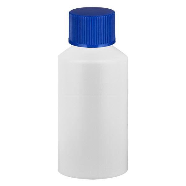 Apoteksflaske HDPE 50ml hvid, med blå SV Apoteksflaske HDPE 50ml hvid, med blå SV