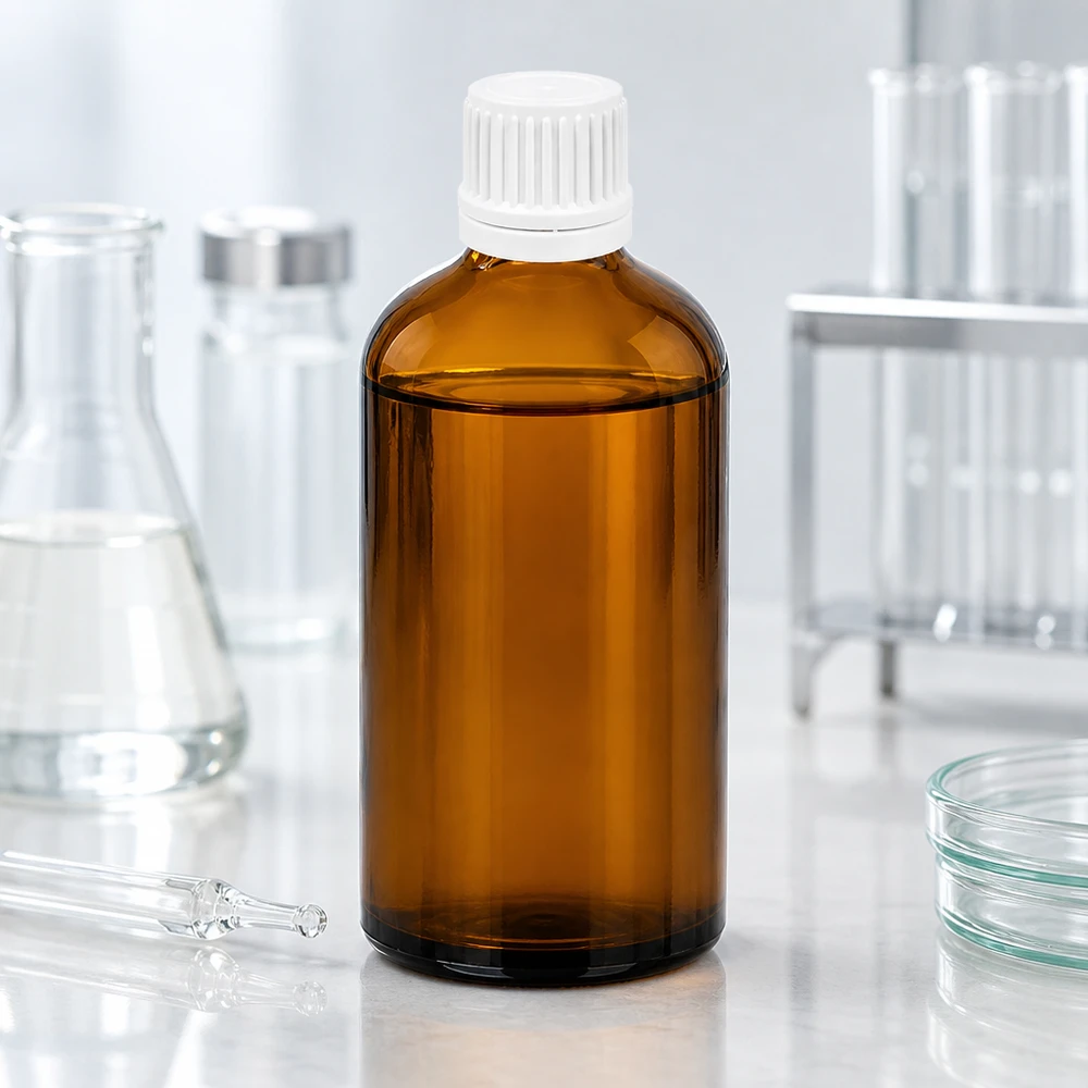 100 ml flaske 11 mm SV hvid OV BrownLine UT18/100 100 ml laboratorieflaske lavet af UV-beskyttende ravfarvet glas med hvid, sikker hætte.
