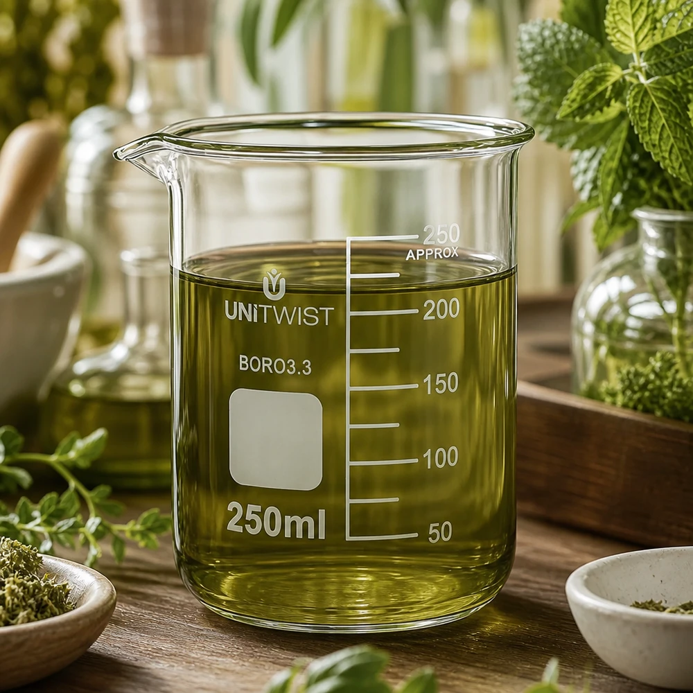 Bæger 250 ml borosilikat, lav form UNiTWIST UNiTWIST glasbeholder 250 ml, lav model med grønt urteekstrakt omgivet af friske lægeurter