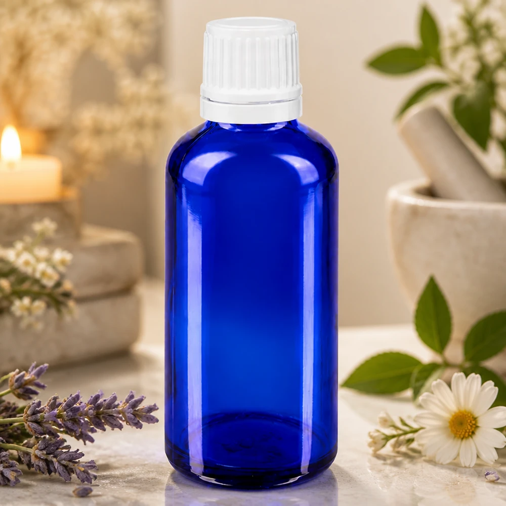 Apoteksflaske blå 50ml dryp v. 1,2 mm hvid OV Blå glasflaske på 50 ml med hvid skruelåg, fyldt med lavendel og kamilleblomster