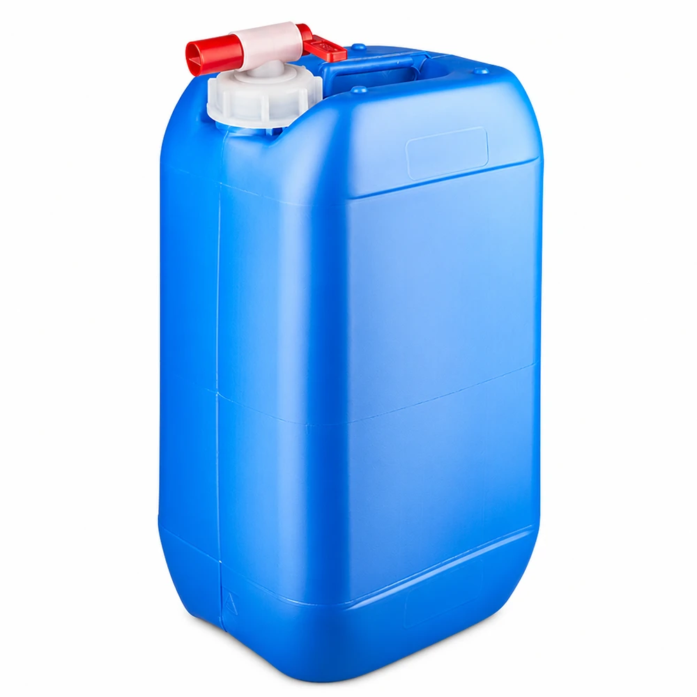 15 liters blå dunk med taphane Blå 15-liters plastdunk med rødt udløbshan og hvidt skruelåg
