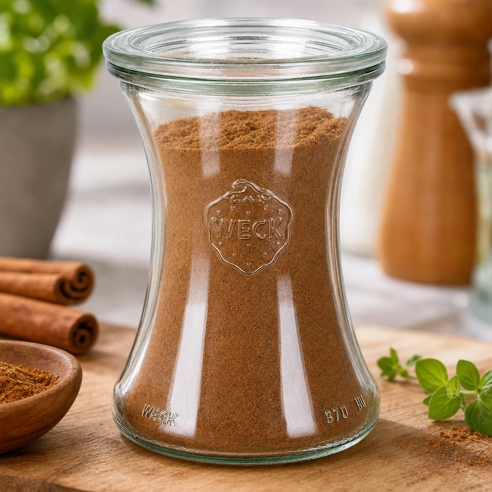 370 ml delikatesseglas med glaslåg WECK RR80 WECK Delikatessenglas 370ml RR80 mit Zimt gefüllt zeigt perfekte Gewürzaufbewahrung in stilvollem Glasdesign