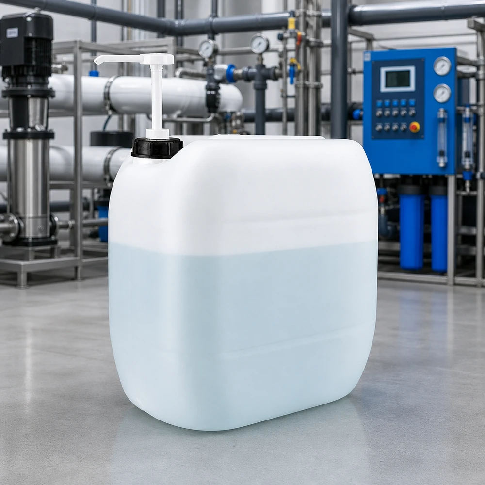 Beholder 30 liter med doseringspumpe Halvgennemsigtig 30-liters dunk med fyldningsindikator og påmonteret doseringspumpe