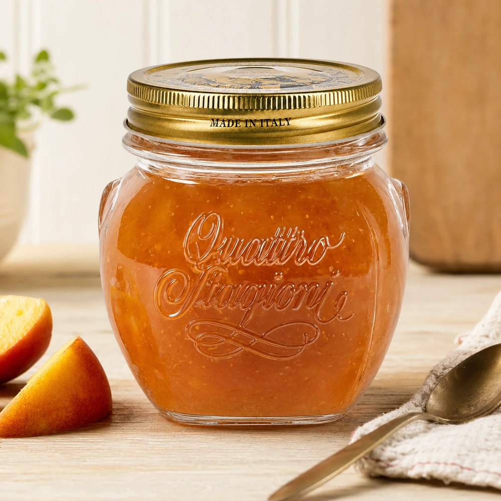 300 ml rundt glas "Quattro Stagioni" med låg 300ml Quattro Stagioni Rundglas mit goldenem Deckel gefüllt mit Marmelade auf Holztisch neben Orangenscheiben