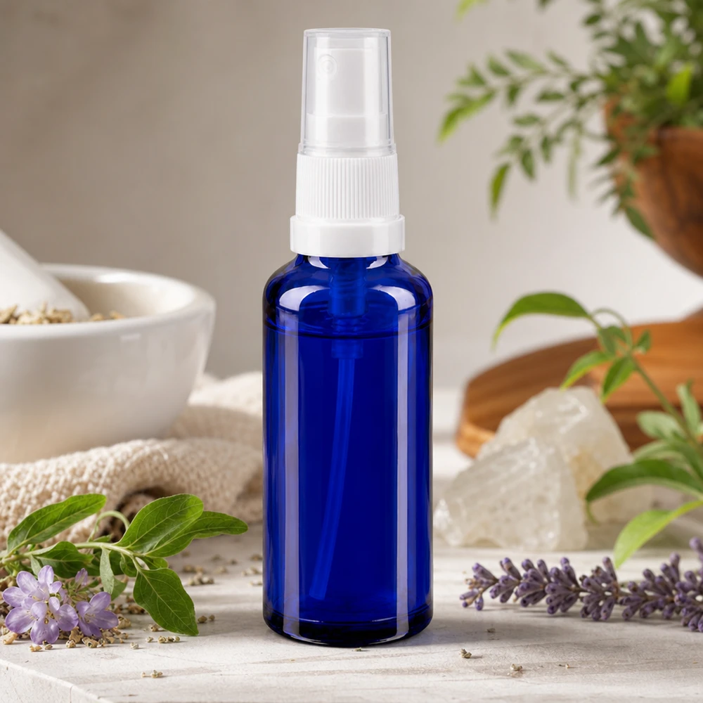 Apotekerflaske blå 10 ml spraytilbehør sort Blå sprøjteflaske af apotekerglas med gennemsigtig hætte mellem lavendel og lægeurter