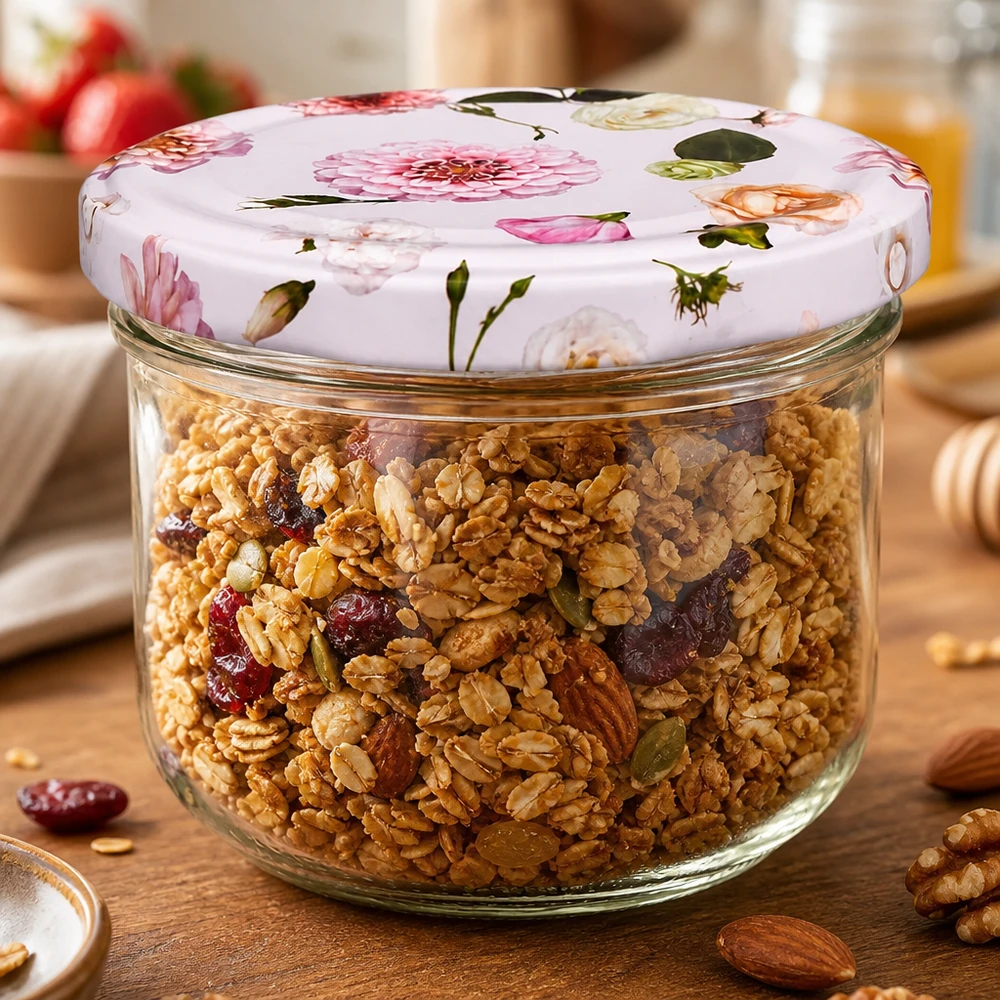 260 ml væltet glas + BasicSeal låg Blomst rosa UNiTWIST Opbevaringskrukke 260 ml med lyserødt blomsterlåg fyldt med müsli og nødder - praktisk opbevaring til køkkenet