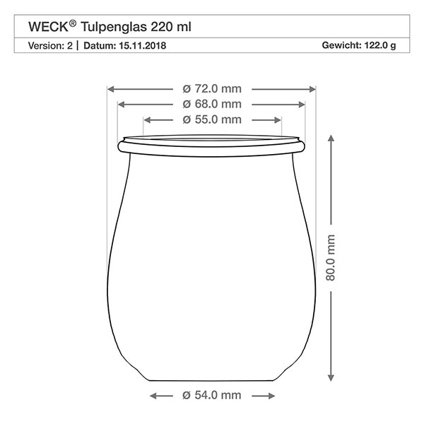 220 ml tulipankrukke WECK RR60 med trækugle bøg WECK tulipankrukke 220ml RR60 teknisk tegning med mål, diameter og højde i millimeter