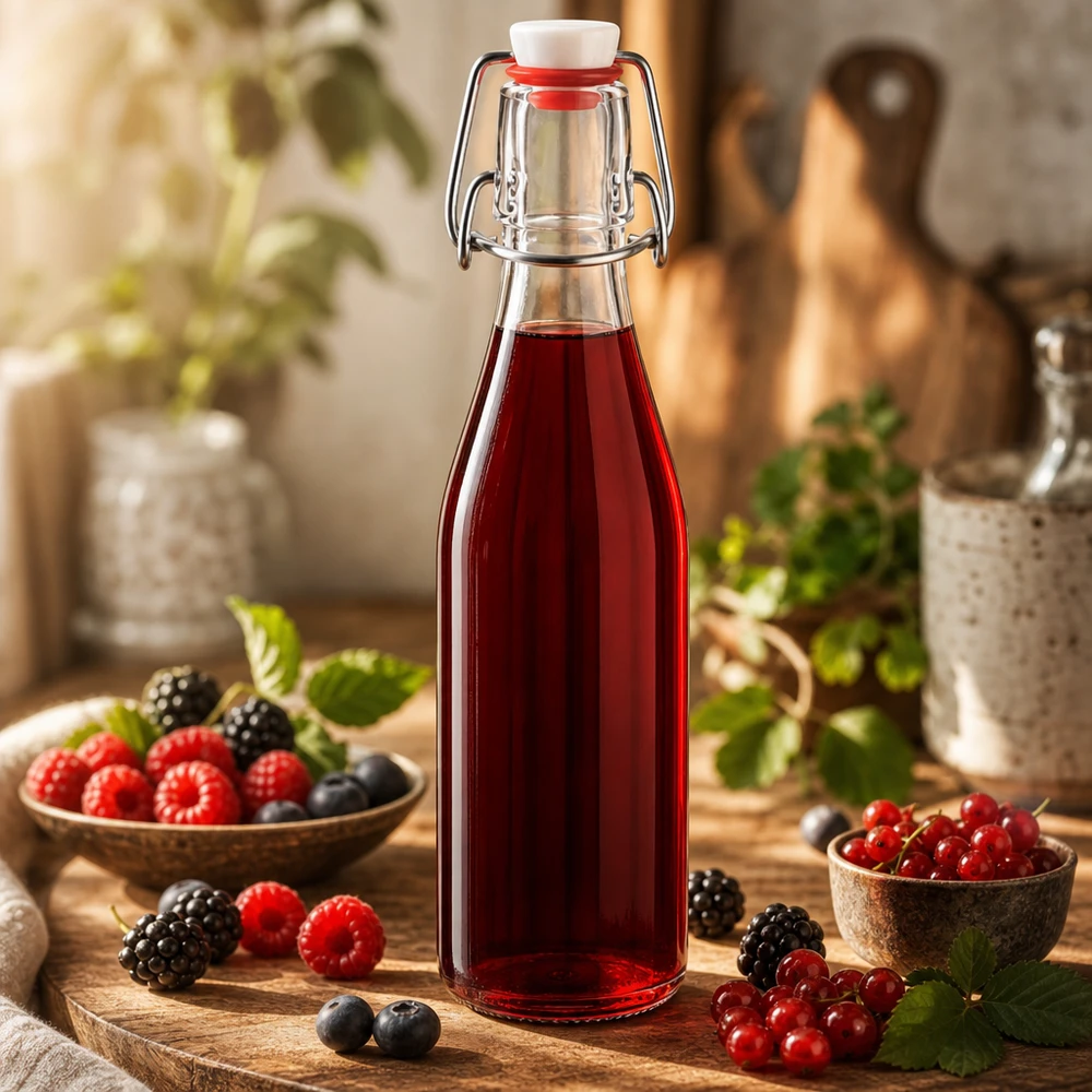 250 ml glasflaske og hængelåg i PVC UNiTWIST 250 ml glasflaske med svingtop fyldt med rød bærsaft, omgivet af friske bær i et rustikt køkkenmiljø
