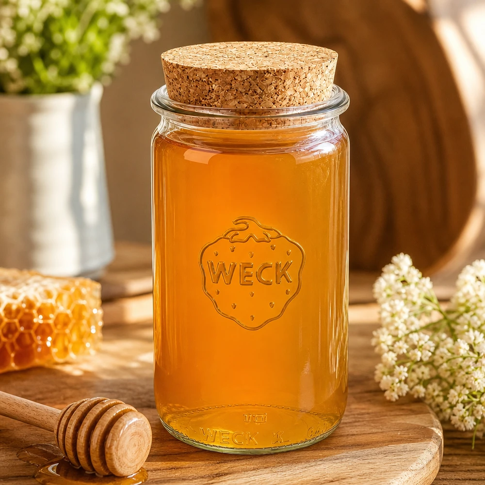 340 ml cylinderglas WECK RR60 med kork natur WECK Honigglas 340ml RR60 mit Korkenverschluss auf Holzbrett zwischen Waben und Blüten zeigt natürliche Aufbewahrung
