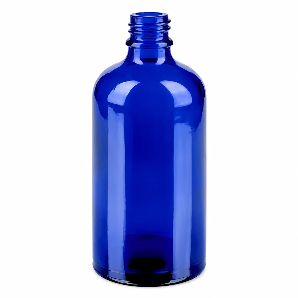 Blå glasflaske 100 ml med skruegevind til næsespray BlueLine-serien