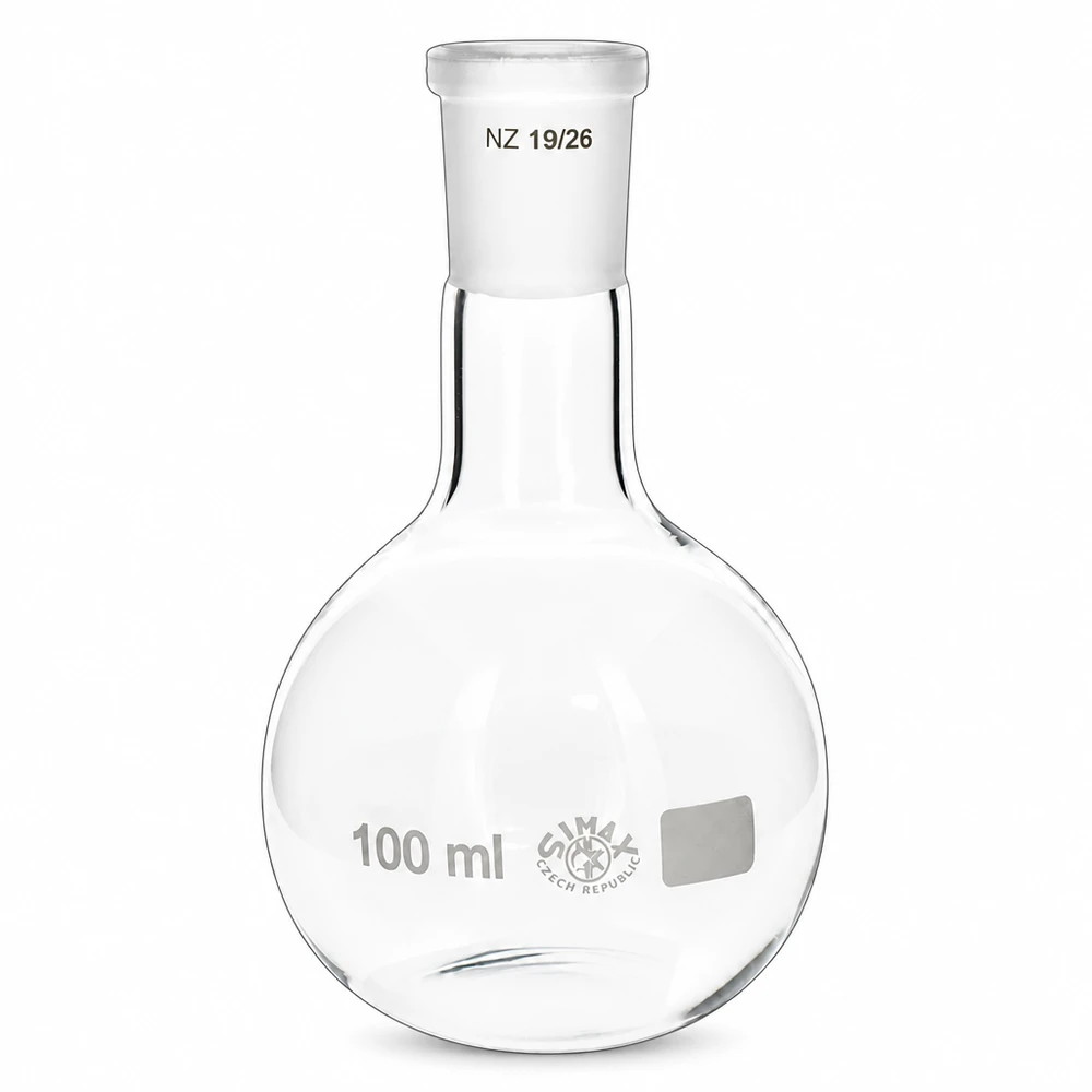 100 ml kolbe med standard slebet led (19/26) Rundbundet kolbe 100 ml med NS 19/26 slebet led - gennemsigtigt laboratorieglas til kemiske synteser