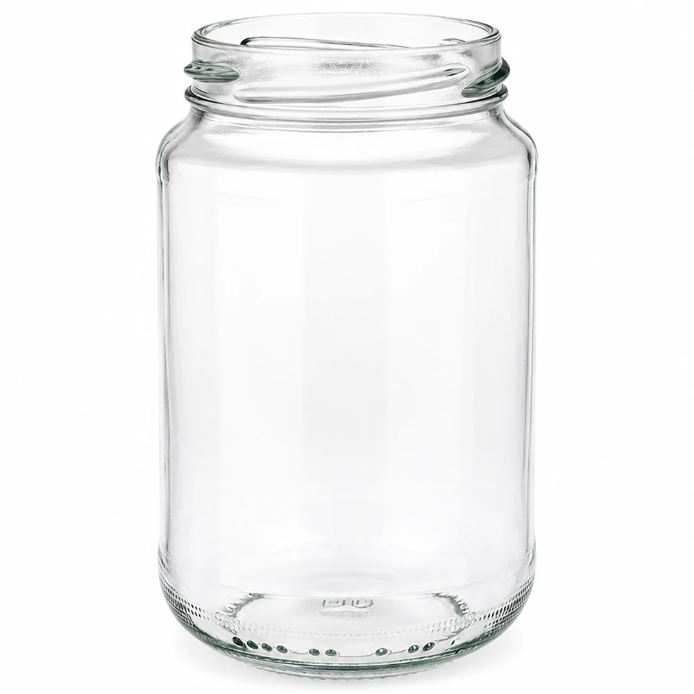 UNiTWIST Runda375 - Rund krukke med en kapacitet på 375 ml TO63 UNiTWIST Runda375 rund krukke 375ml TO63 tom konserveringskrukke lavet af klart glas med skruegevind til konservering
