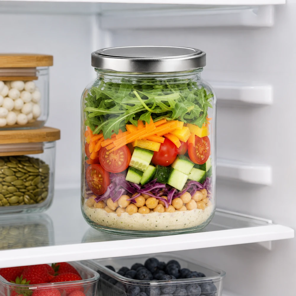 370 ml oval krukke med BasicSeal-låg sølv UNiTWIST 370 ml oval krukke med BasicSeal-låg som måltidssalat i køleskabet med lagdelt salat og friske ingredienser
