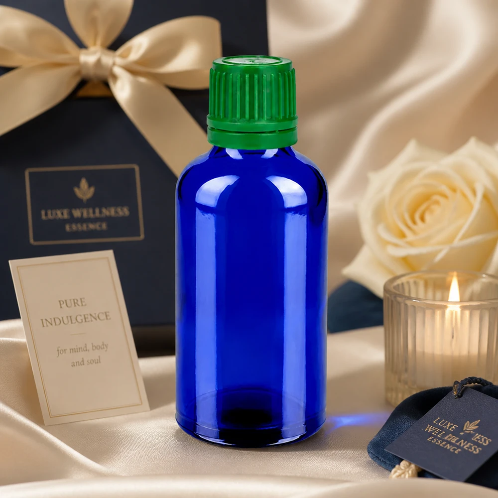 Blå glasflaske 50 ml med grønt skruelåg, ideel til gør-det-selv-kosmetik og naturlige wellness-produkter