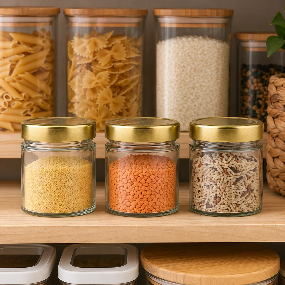 154 ml rund krukke med BasicSeal-låg guld dyb UNiTWIST 154 ml BasicSeal guld rund krukke i spisekammer scene med bælgfrugter ris pasta opbevaring køkkenskab