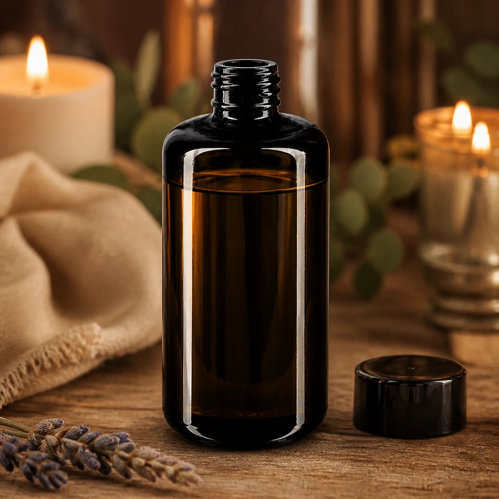 Violet glasflaske 200 ml 410/24 Stilfuld 200 ml Draco-flaske med sort skruelåg til professionel kosmetikproduktion