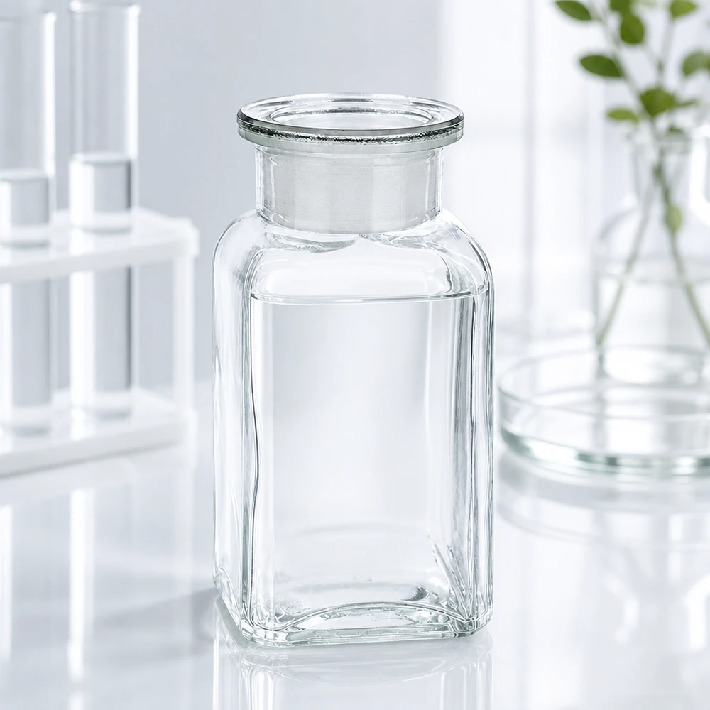 Firkantet flaske 100 ml klar glasprop med bred hals Gennemsigtig firkantet flaske med bred hals, 100 ml, af borosilikatglas med indslibet glasprop