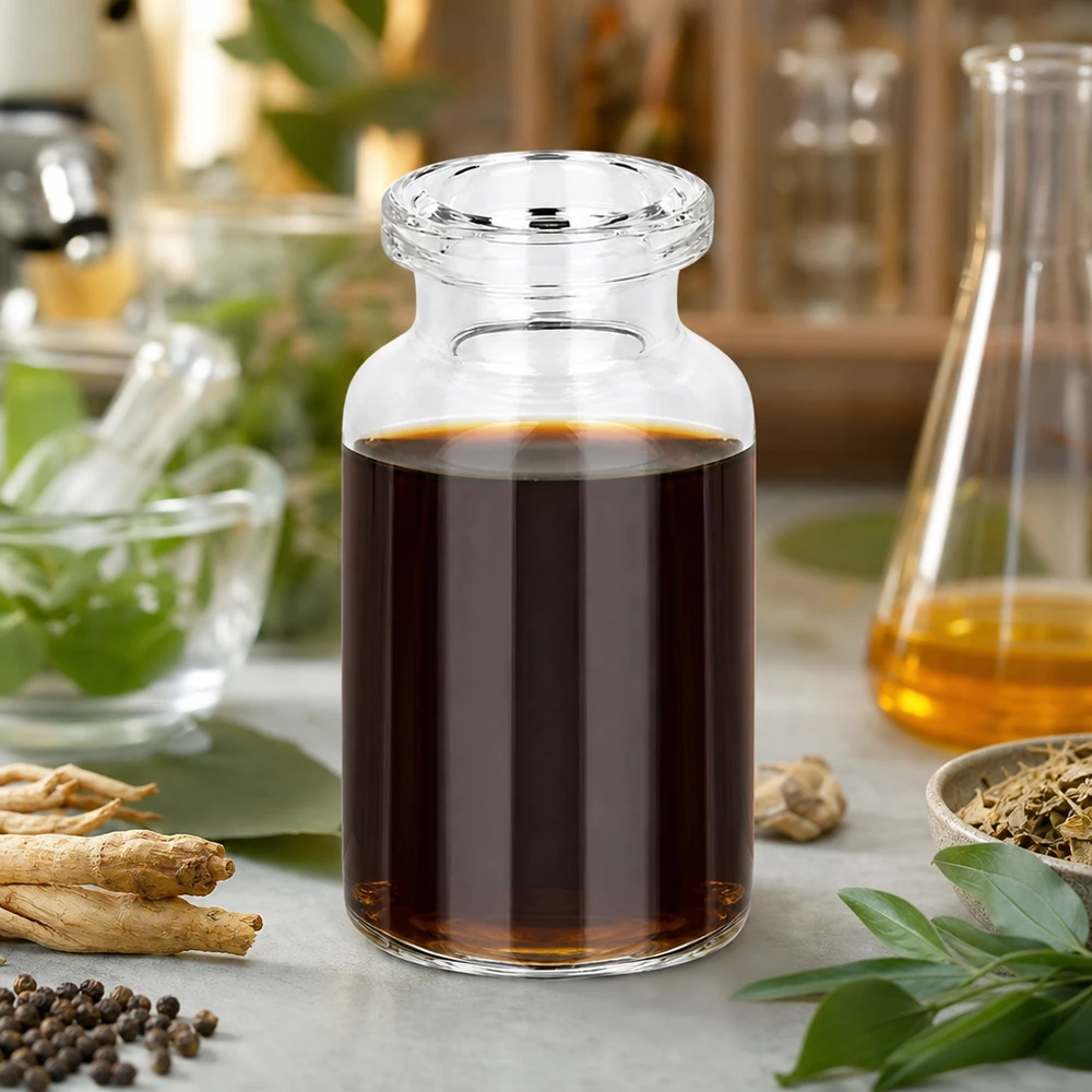 Injektionsflaske i klart glas 10 ml Zylindrische Injektionsflasche 10ml Klarglas mit dunklem Kräuterkonzentrat und getrockneten Wurzeln