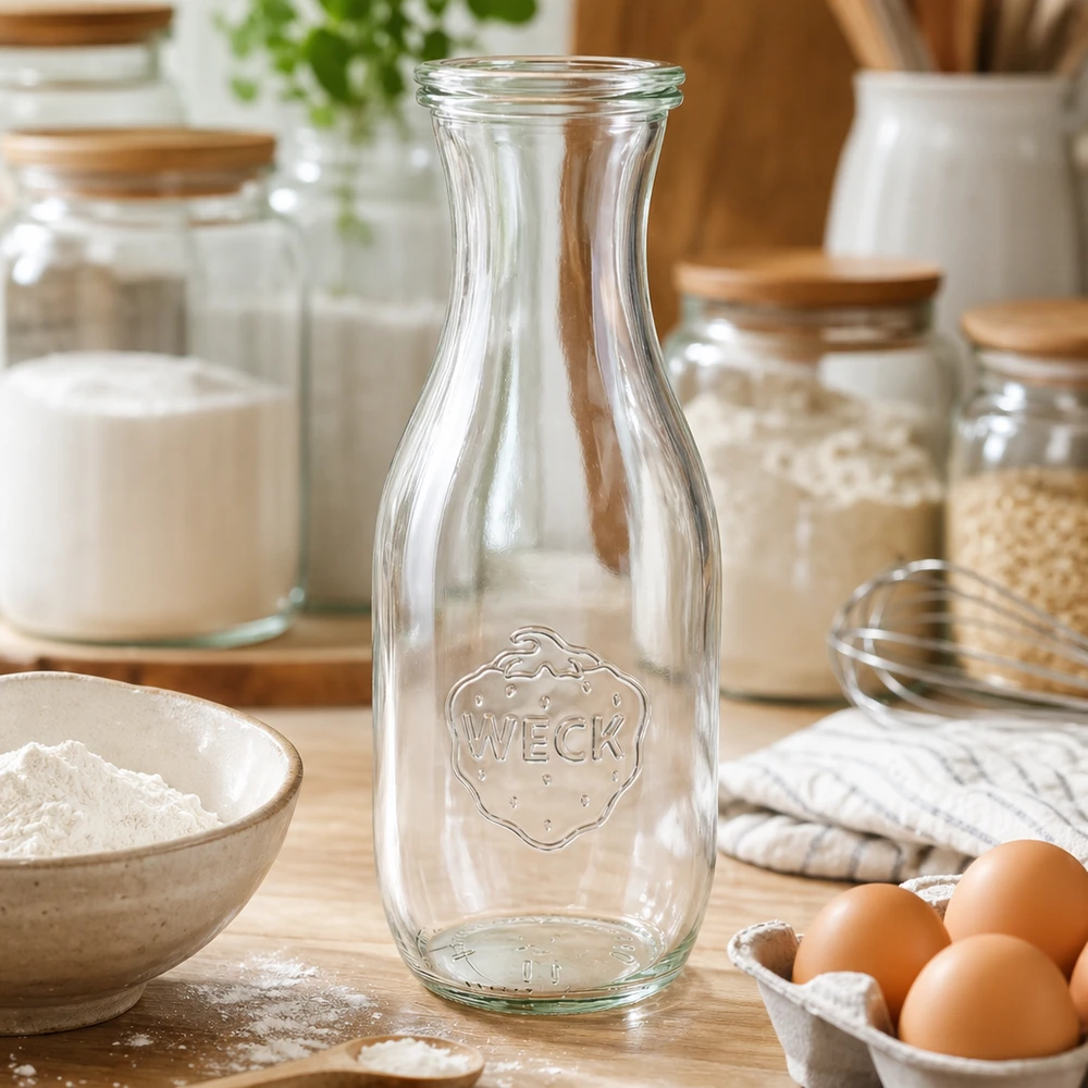 1062 ml saftflaske med glaslåg WECK RR60 WECK juiceflaske 1062ml tom i køkken med bageingredienser, mel, æg og opbevaringskrukker på træbordplade