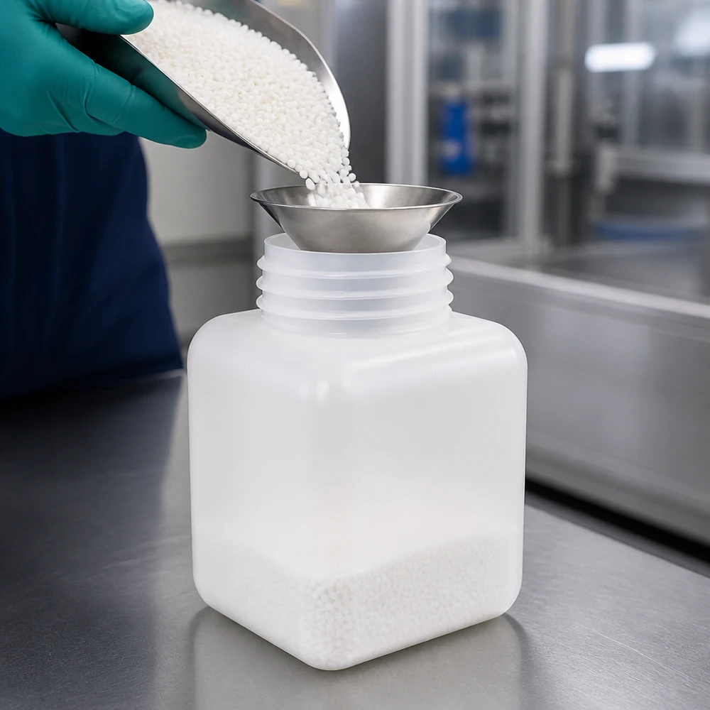 PE-HD kemikalieflaske 500 ml, naturfarvet, bred hals med skruelåg til sikker opbevaring