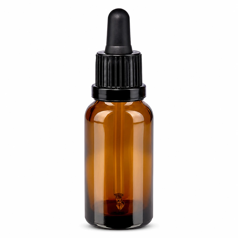20 ml pipetteflaske sort OV BrownLine UT18/20 20 ml pipetteflaske brun med sort hætte til kosmetik og æteriske olier