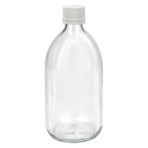 500 ml medicinflaske klar, hætte hvid/fin med tyverisikringsring ApoGlas. Farmaceutisk kvalitet fra EU-produktion. 28 mm (PP28) gevind. (sirup, let glasflaske)