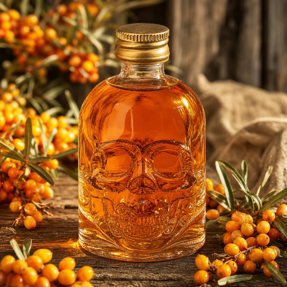 50 ml glasflaske »Hector« og skruelåg guld UNiTWIST® 50 ml Hector-glasflaske med kranierelief og ravfarvet indhold mellem havtornbær på et træbord