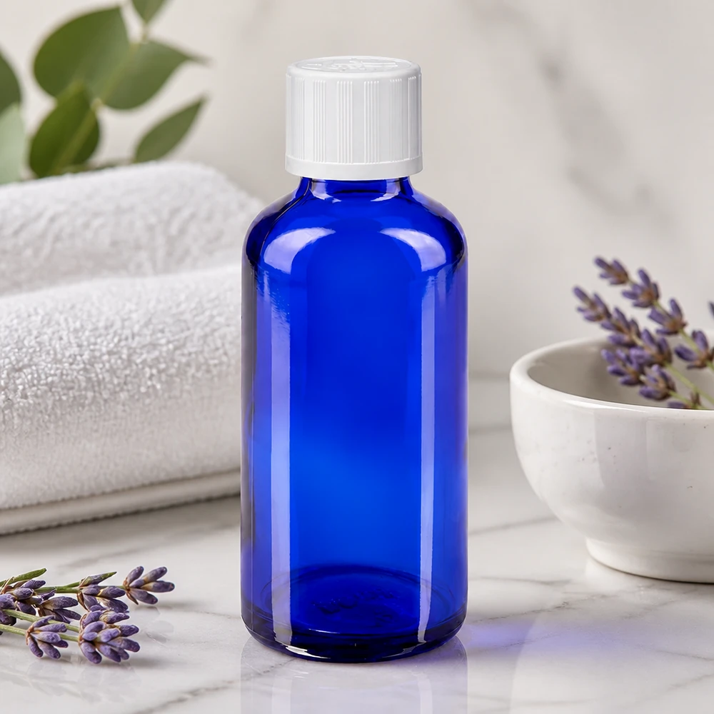 Koboltblå 50 ml apotekerflaske med hvid KiSi-prop ved siden af lavendel på marmor