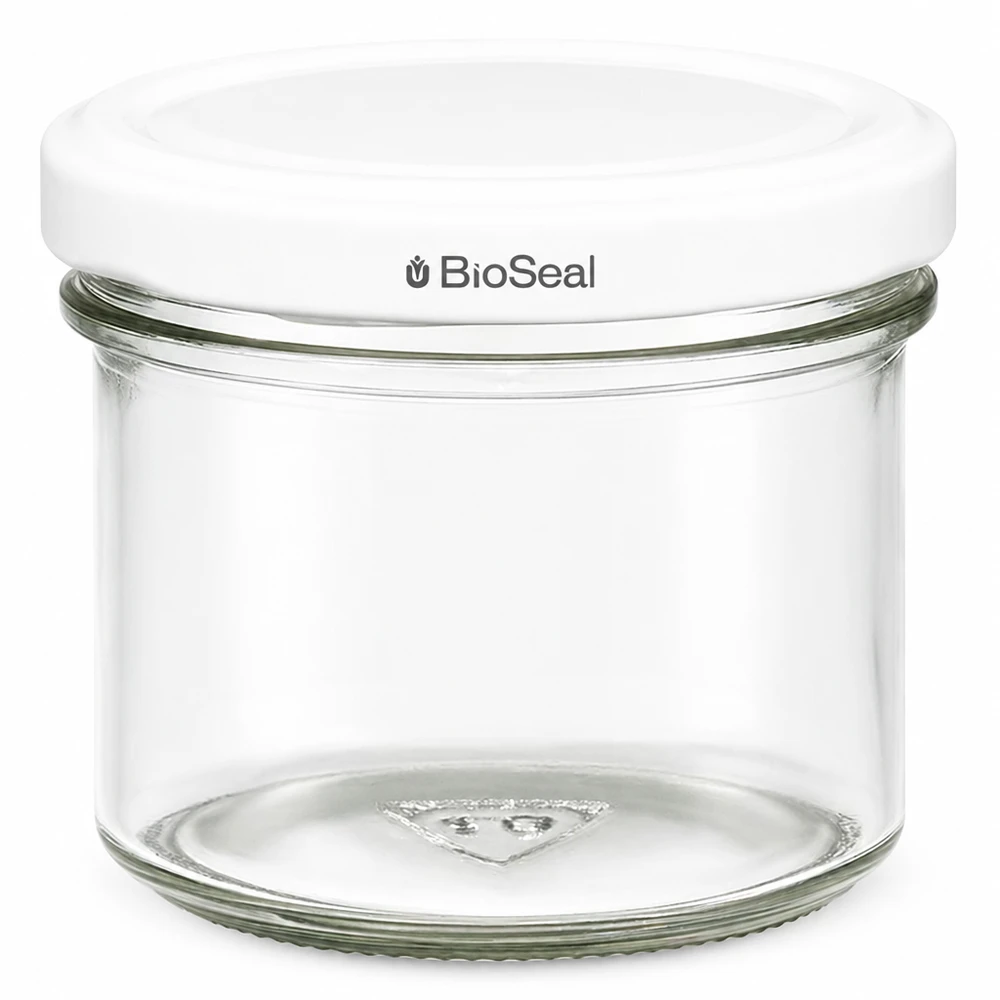 UNiTWIST Lintel125 med hvidt låg TO66 BioSeal UNiTWIST-bægre 125 ml med hvidt TO66 BioSeal-låg Konservesglas syltetøjsglas transparent