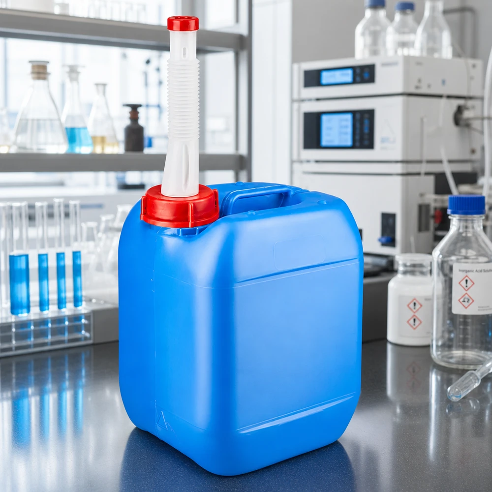 5 liters blå dunk med fleksibelt udløbsrør Kompakt laboratoriebeholder på 5 liter i blå med praktisk hældetud til sikker håndtering af kemikalier