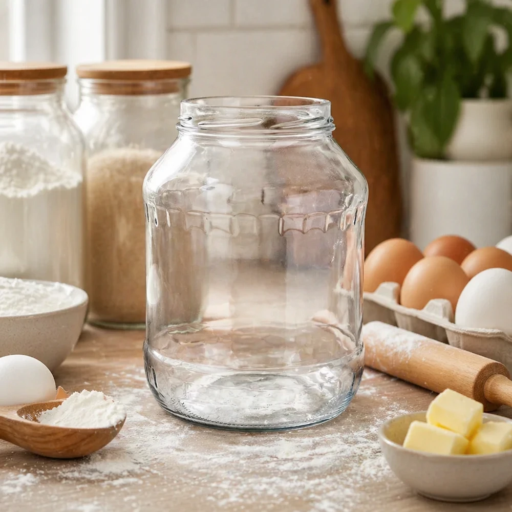 UNiTWIST Runda2650 - Briller med en kapacitet på 2650 ml TO100 UNiTWIST Runda2650 glas 2650ml tomme på køkkenbord med bageingredienser æg smør mel køkkenscene TO100 tråd
