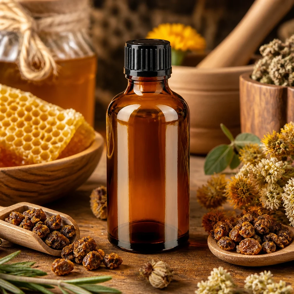Apoteksflaske brun 50ml skruelåg sort pc Brun 50 ml apotekerflaske af brunt glas med sort skruelåg mellem bikager og propolis