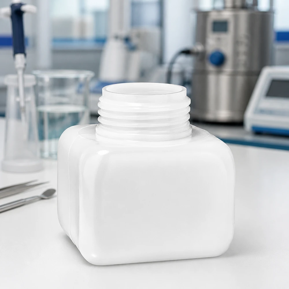 Kemikalieflaske 250 ml, bred hals fremstillet af PE-HD, naturfarve, GL 50 Kemikalieflaske 250 ml PE-HD, bredhalset, naturfarvet, laboratoriemiljø, centrifuge, ståludstyr