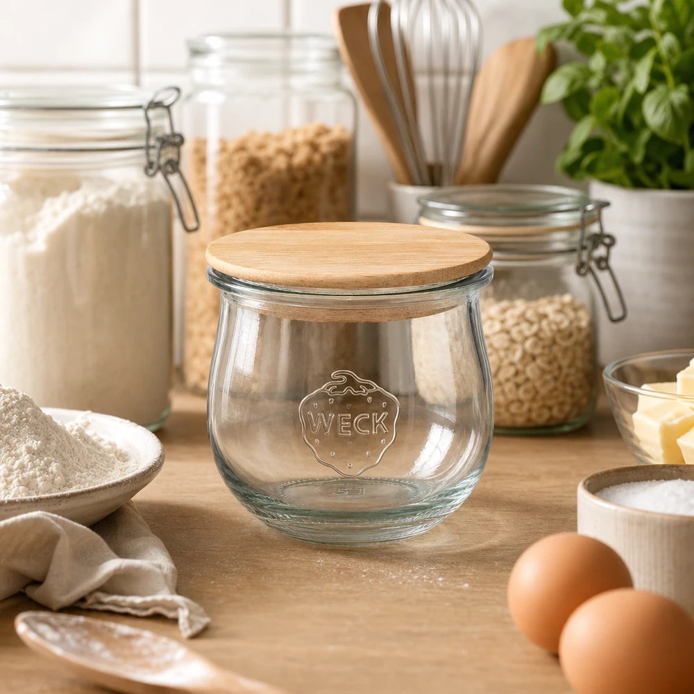 370 ml tulipankrukke WECK RR80 med trælåg WECK tulipankrukke 370 ml RR80 med trælåg opstillet i et moderne køkken mellem opbevaringskrukker og bageingredienser