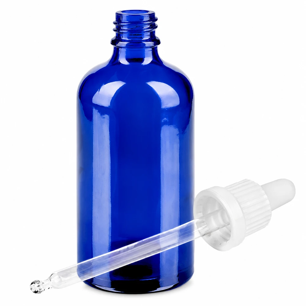 Blå glasflaske 100 ml med pipette til æteriske olier og kosmetik BlueLine UT18/100