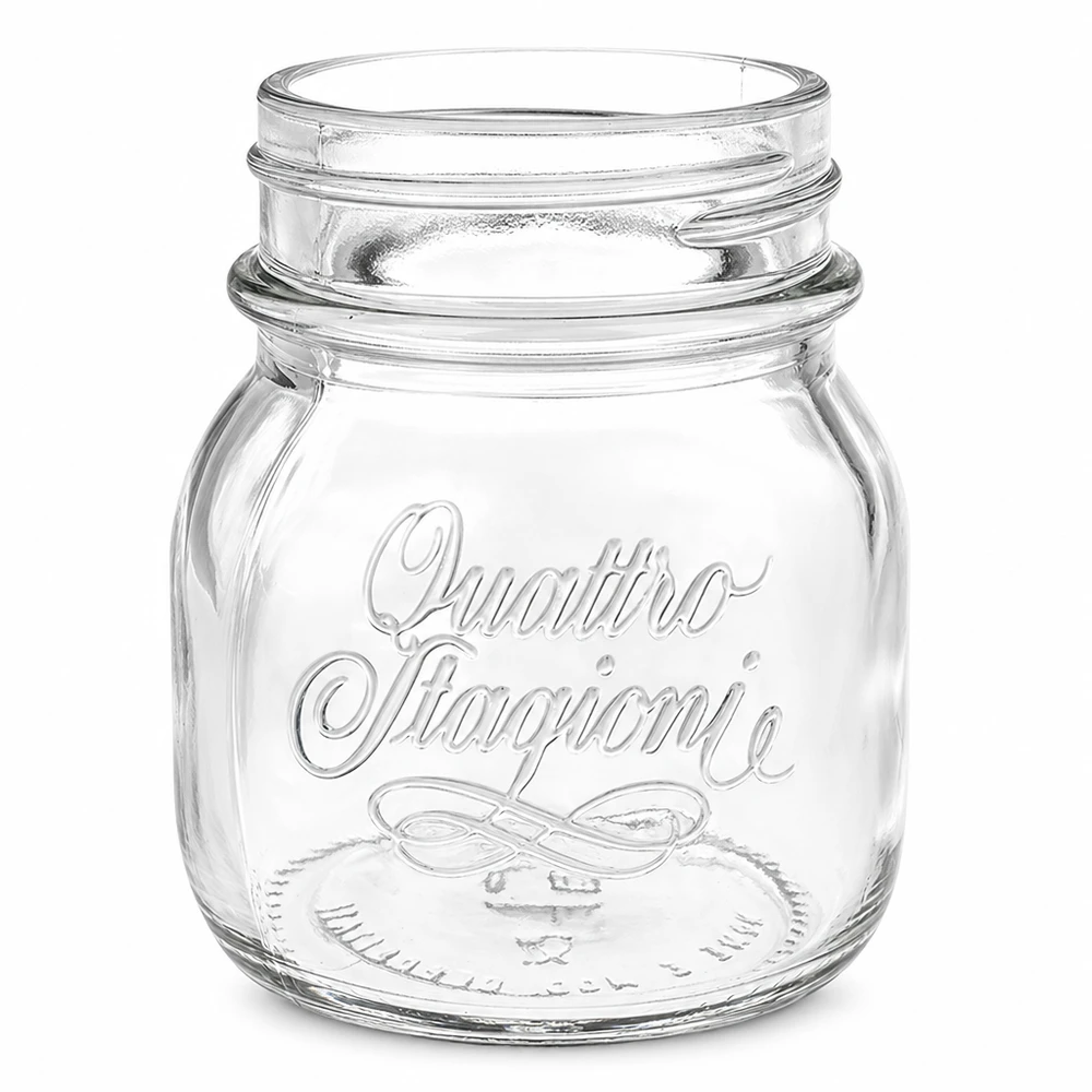 150 ml husholdningsglas "Quattro Stagioni" 150 ml Quattro Stagioni-konservesglas af klart glas med præget skrift og skruegevind